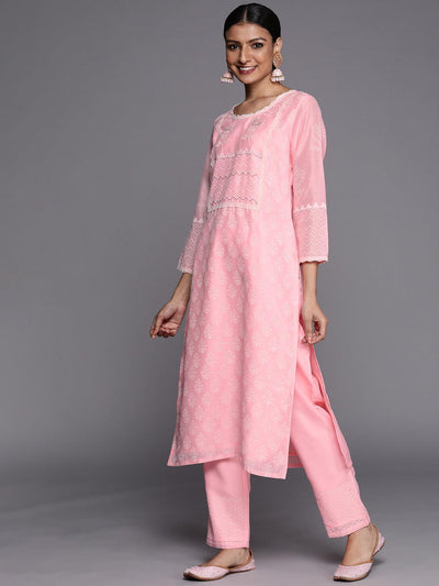 Pink Printed Chanderi Silk Straight Suit Set - Libas