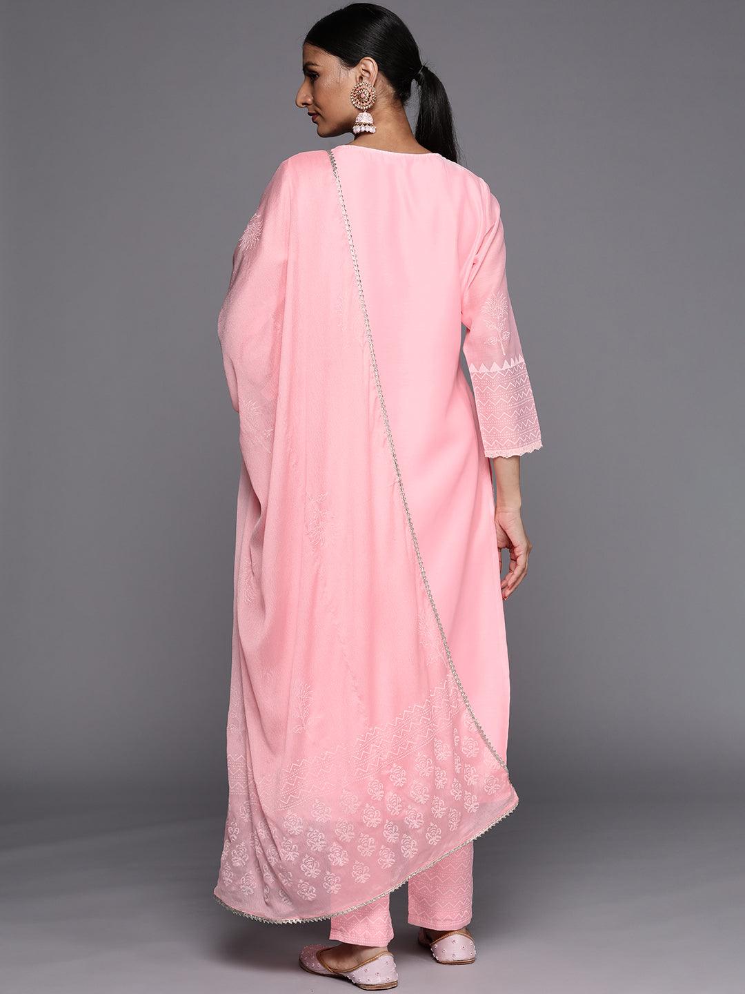 Pink Printed Chanderi Silk Straight Kurta With Dupatta