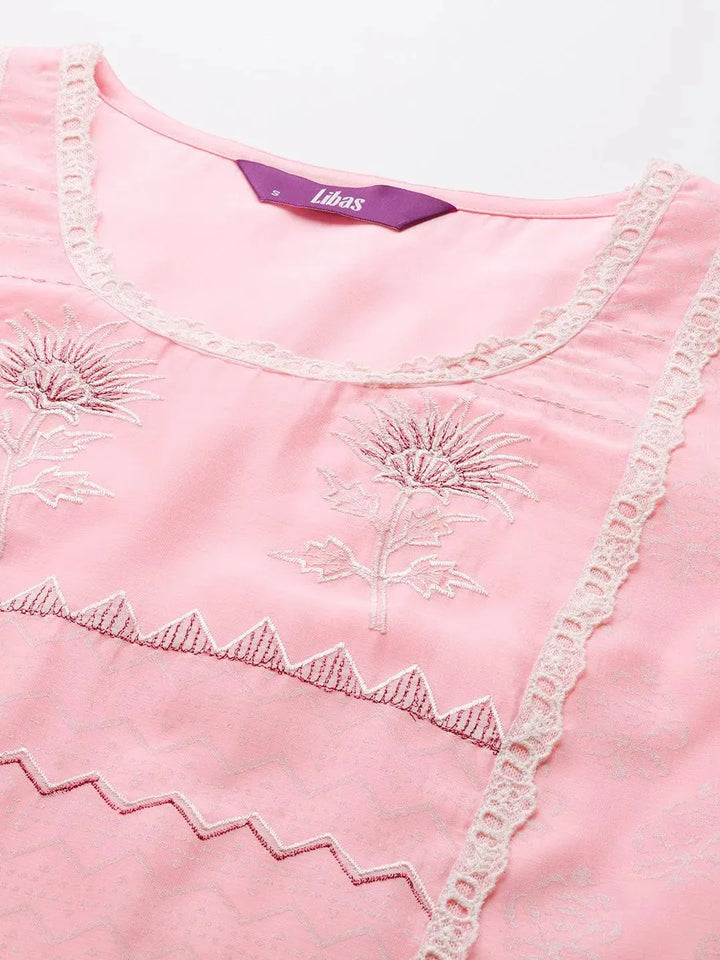 Pink Printed Chanderi Silk Straight Suit Set - Libas