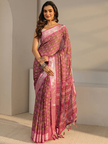 Pink Printed Chiffon Saree With Unstitched Blouse Piece