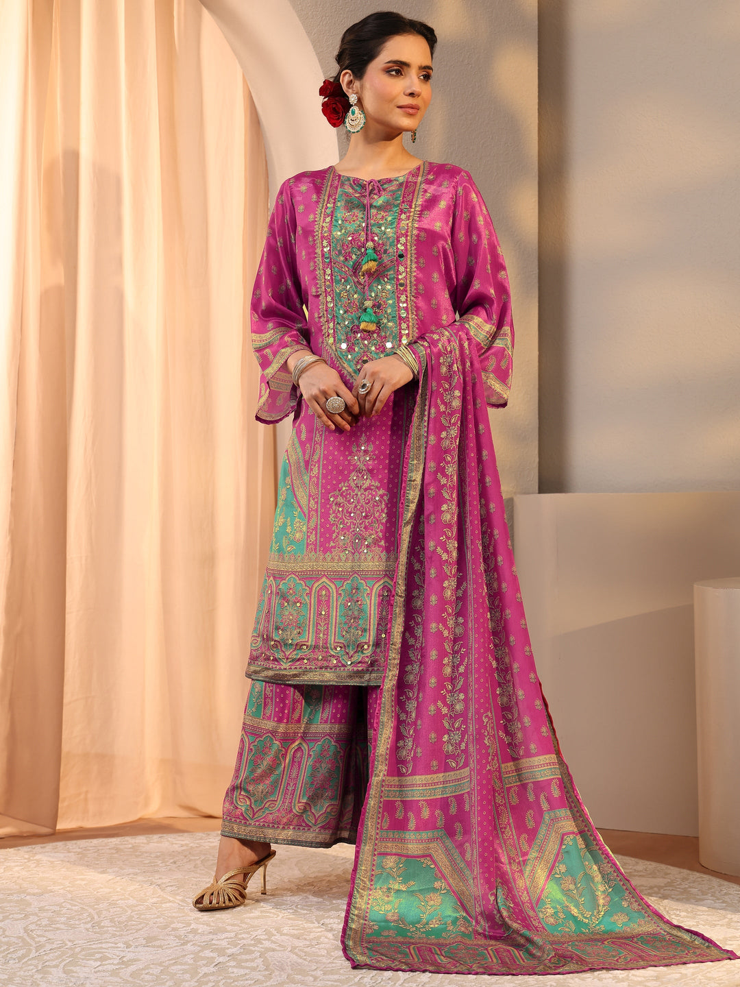  Pink Printed Chinon Palazzo Suit Set With Dupatta 