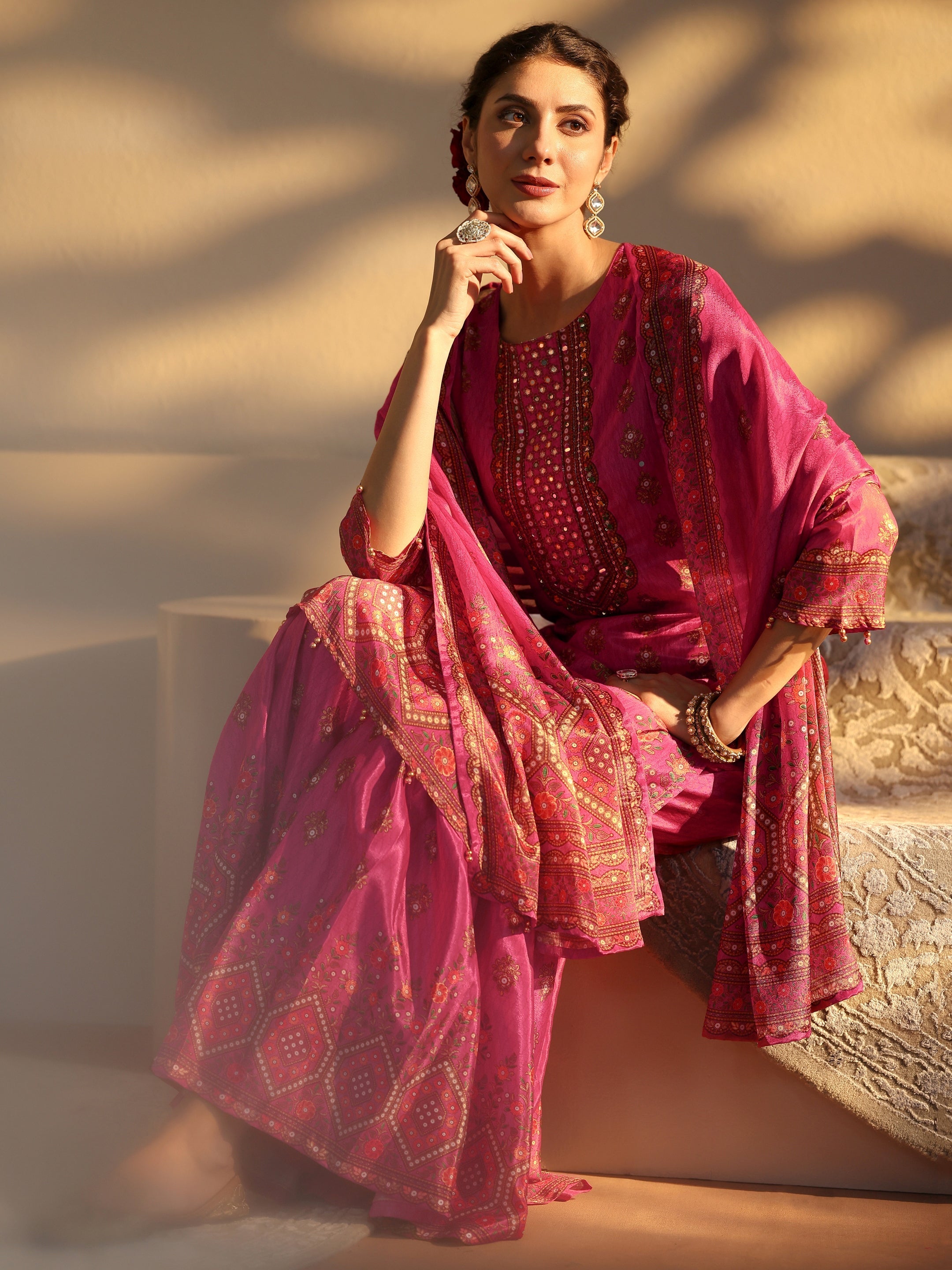 libas Pink Printed Chinon Sharara Suit Set With Dupatta-picture-57