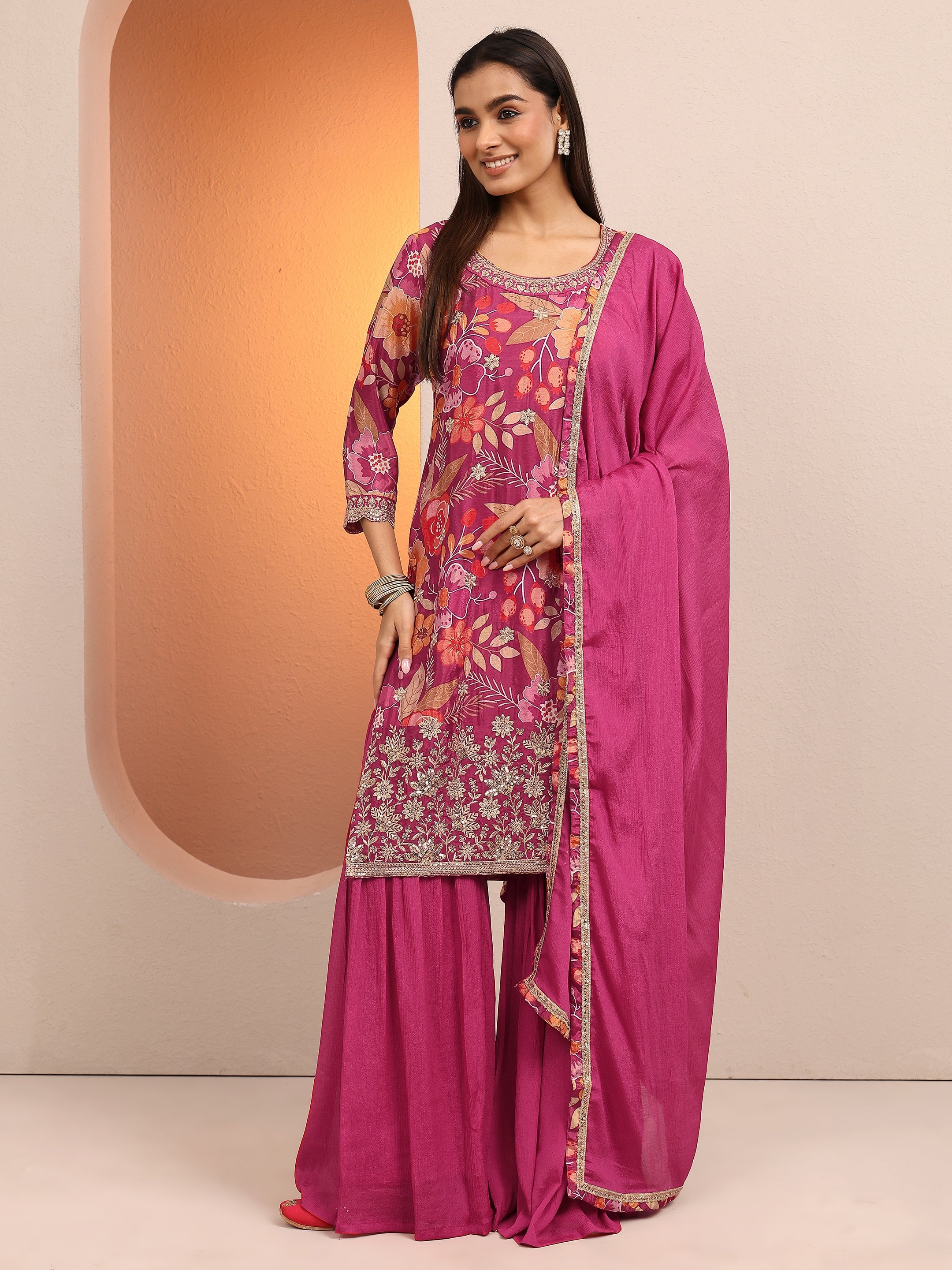 libas Pink Printed Chinon Straight Suit Set With Dupatta-picture-43