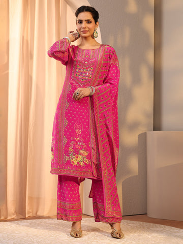 Libas Pink Printed Chinon Straight Suit Set With Dupatta