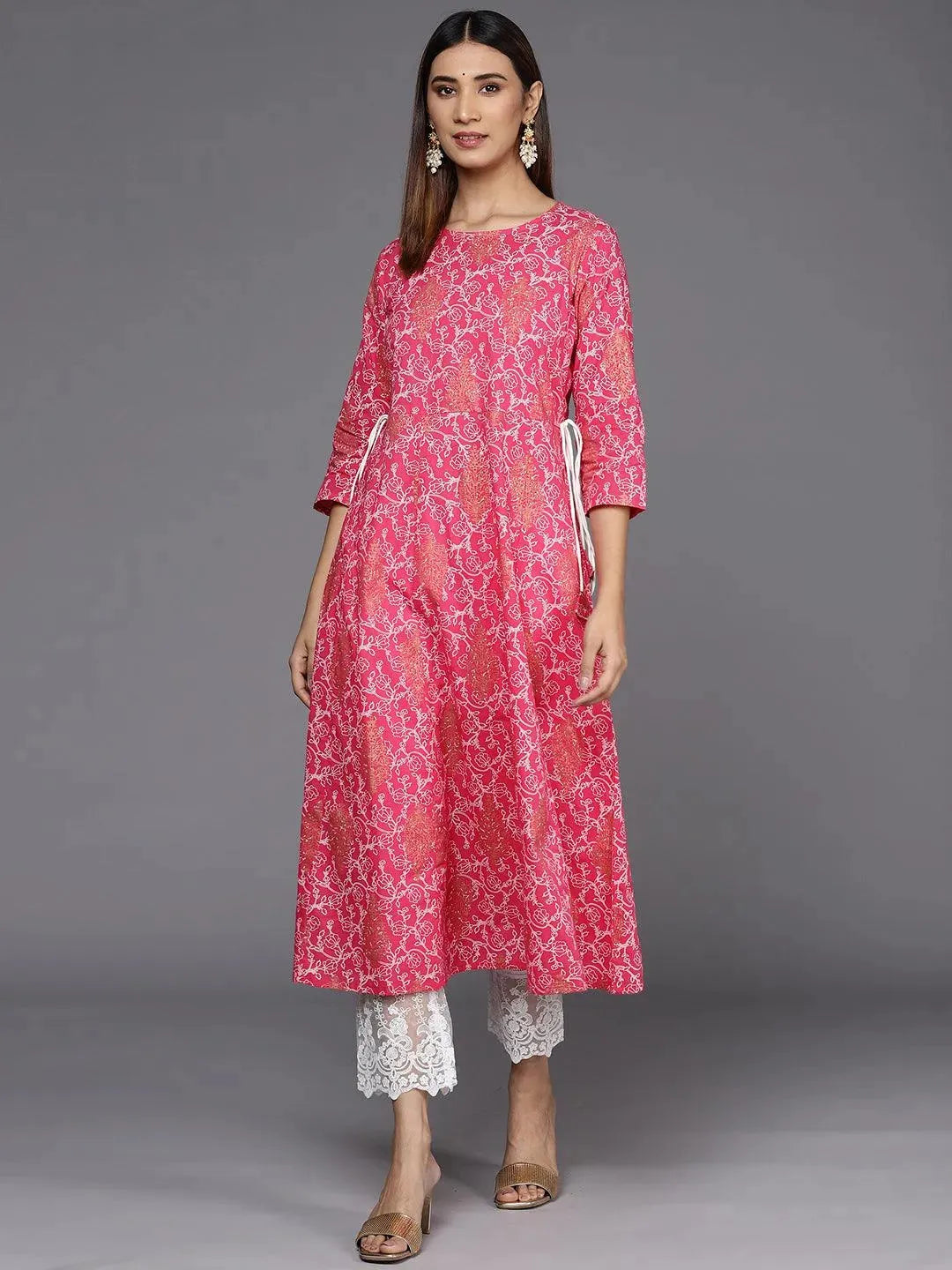 Pink Printed Cotton A-Line Kurta - Libas 