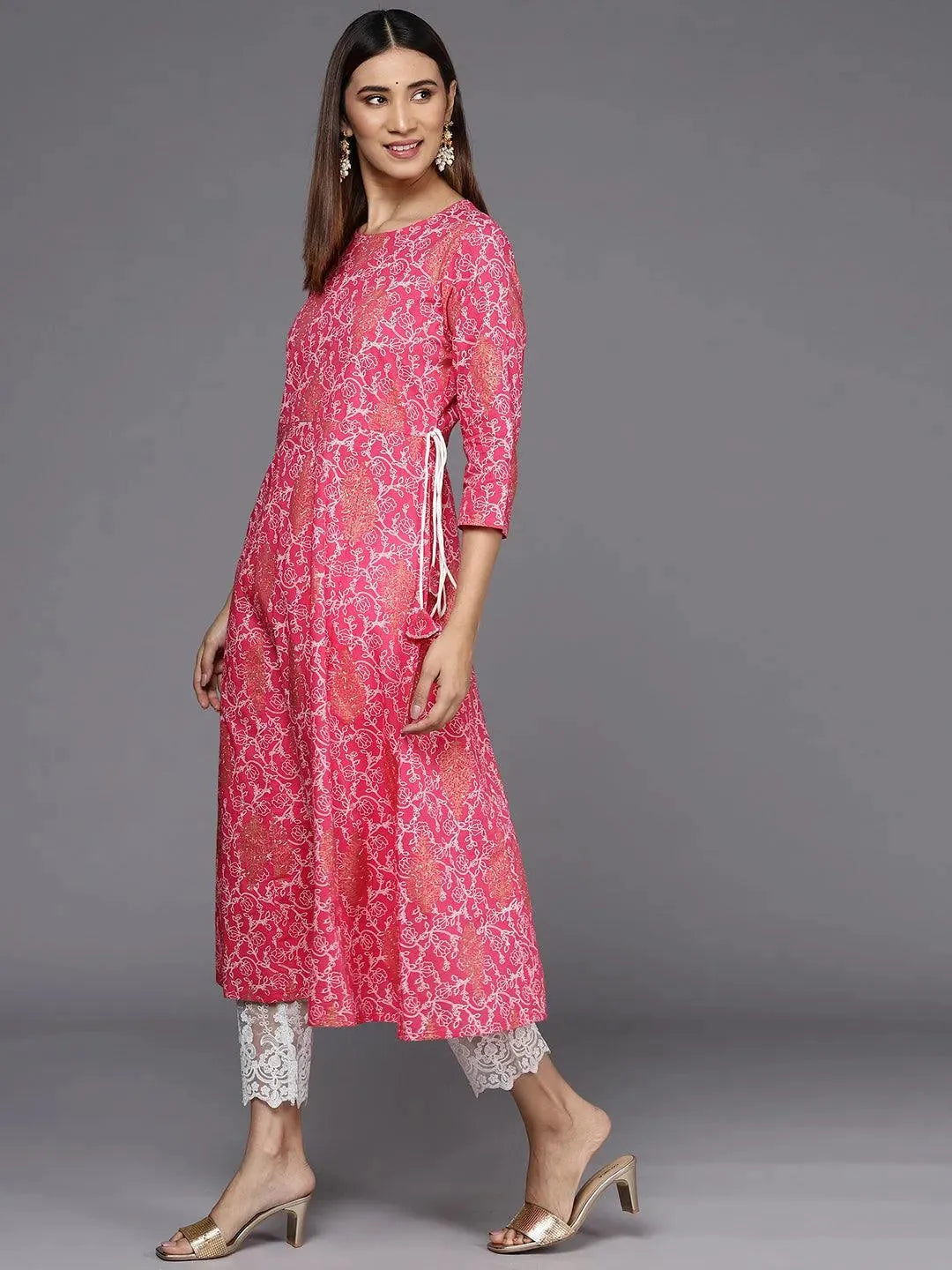 Pink Printed Cotton A-Line Kurta - Libas 