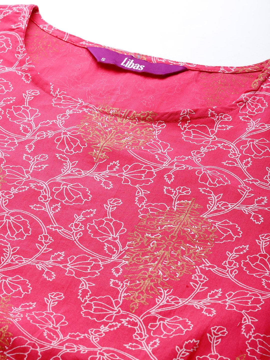 Pink Printed Cotton A-Line Kurta - Libas