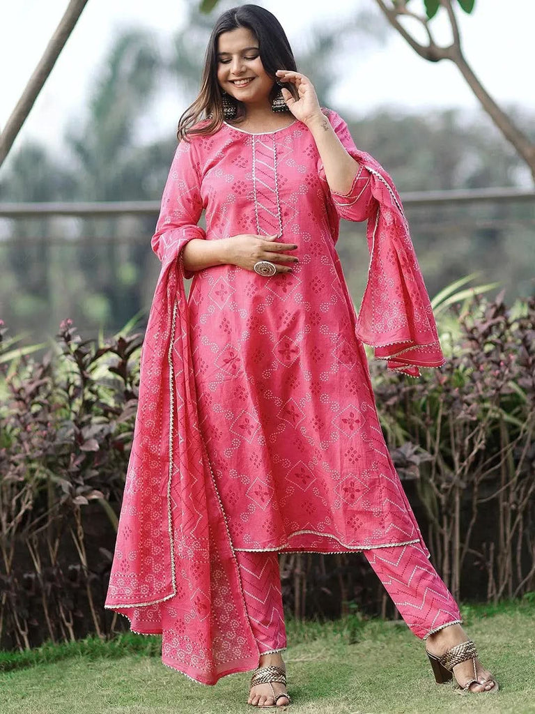 Libas Pink Printed Cotton A-Line Kurta With Dupatta