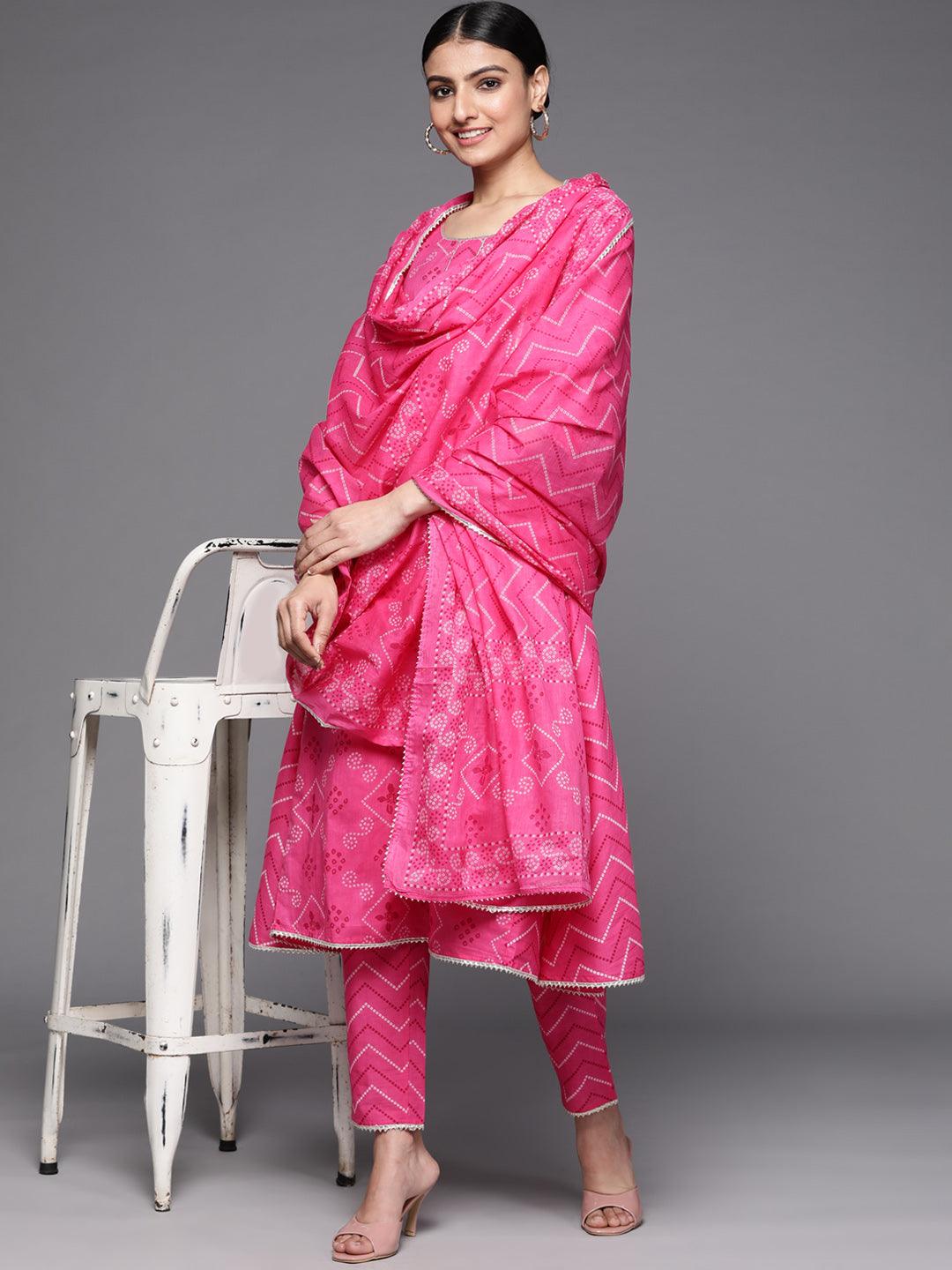 Pink Printed Cotton A-Line Kurta With Dupatta