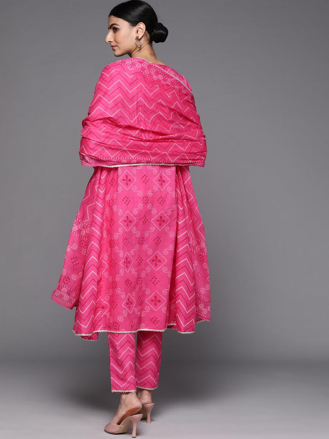 Pink Printed Cotton A-Line Kurta With Dupatta