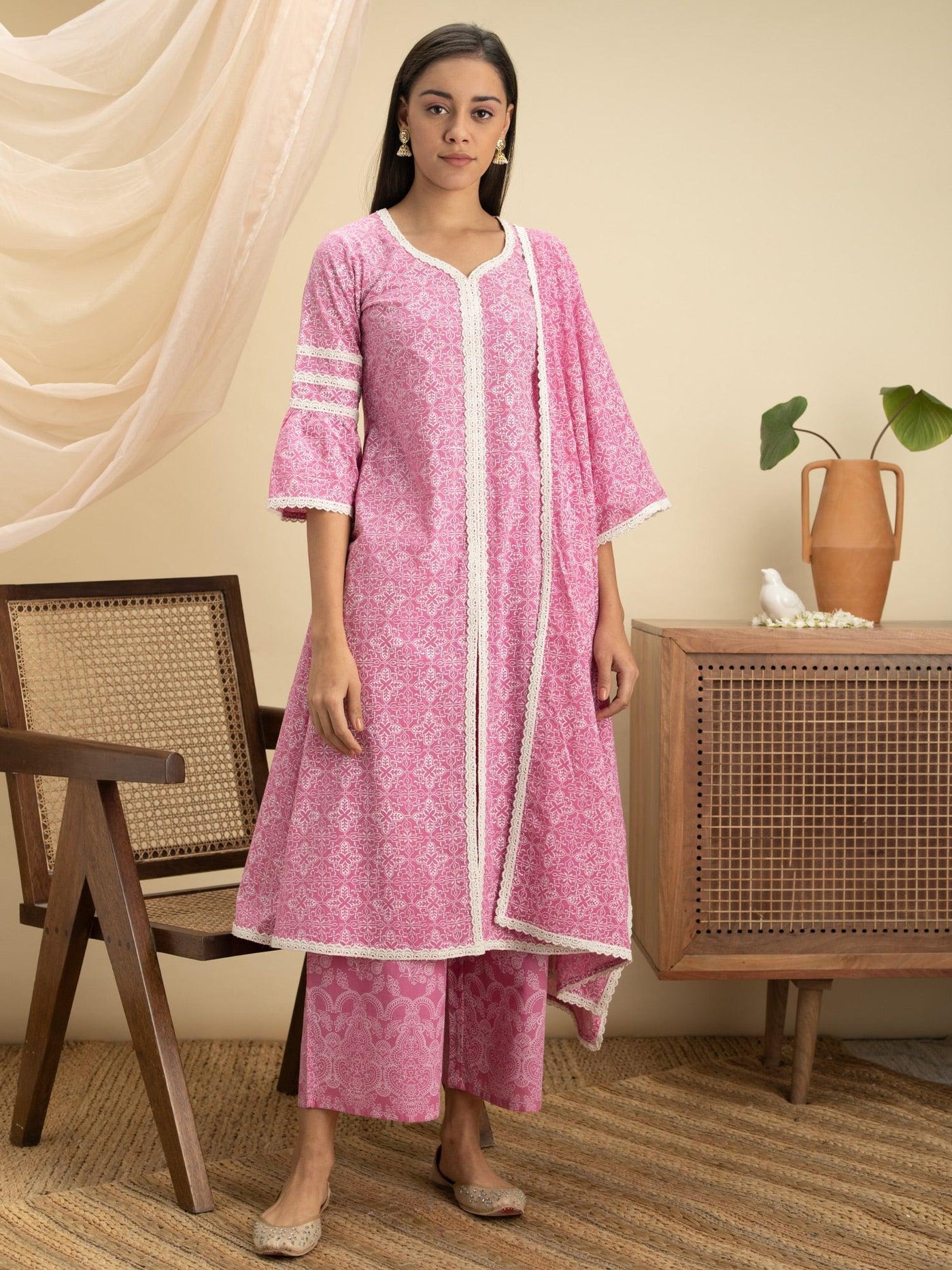 Pink Printed Cotton A-Line Suit Set - Libas
