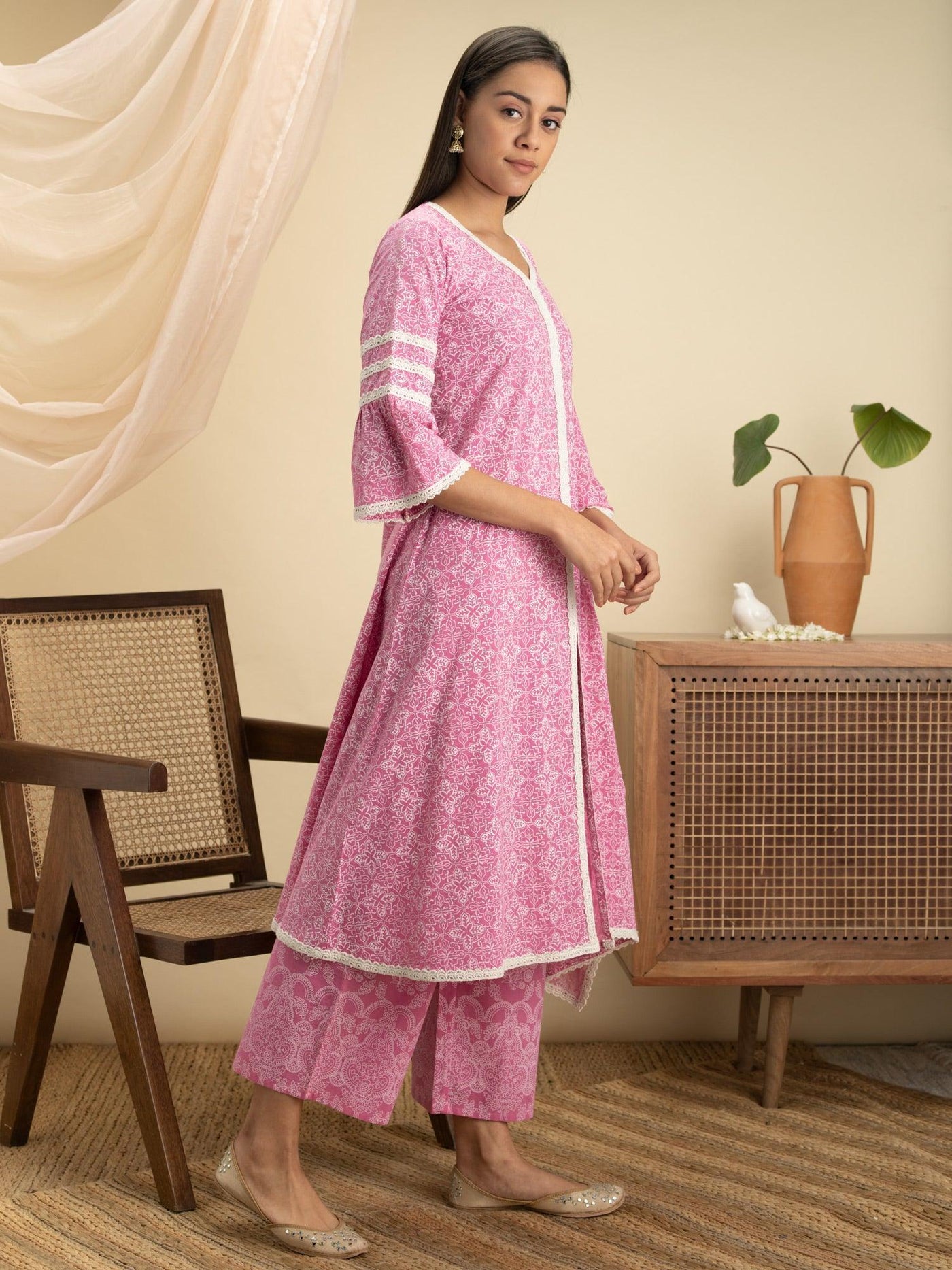 Pink Printed Cotton A-Line Suit Set - Libas