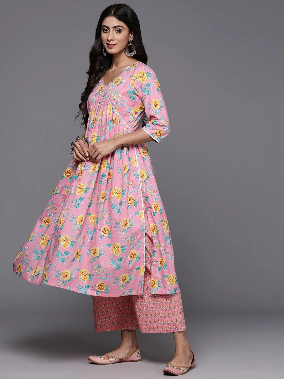 Pink Printed Cotton A-Line Kurta With Palazzos & Dupatta - Libas 