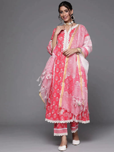 Pink Printed Cotton A-Line Suit Set - Libas