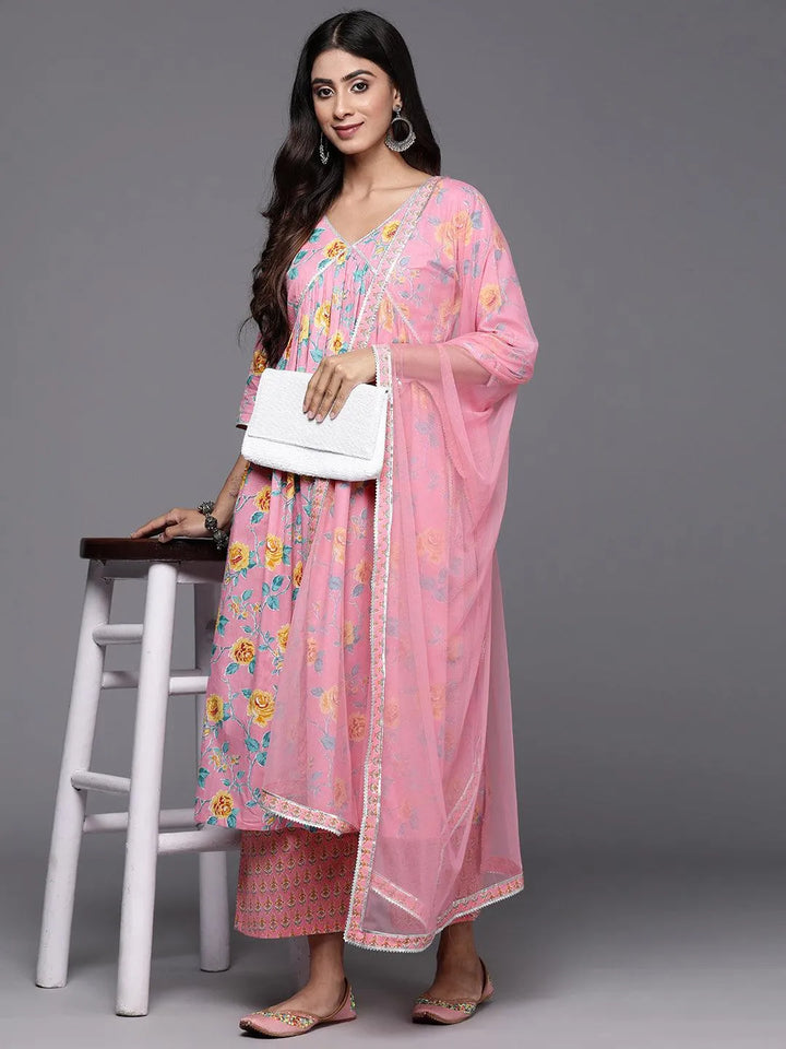 Pink Printed Cotton A-Line Kurta With Palazzos & Dupatta - Libas