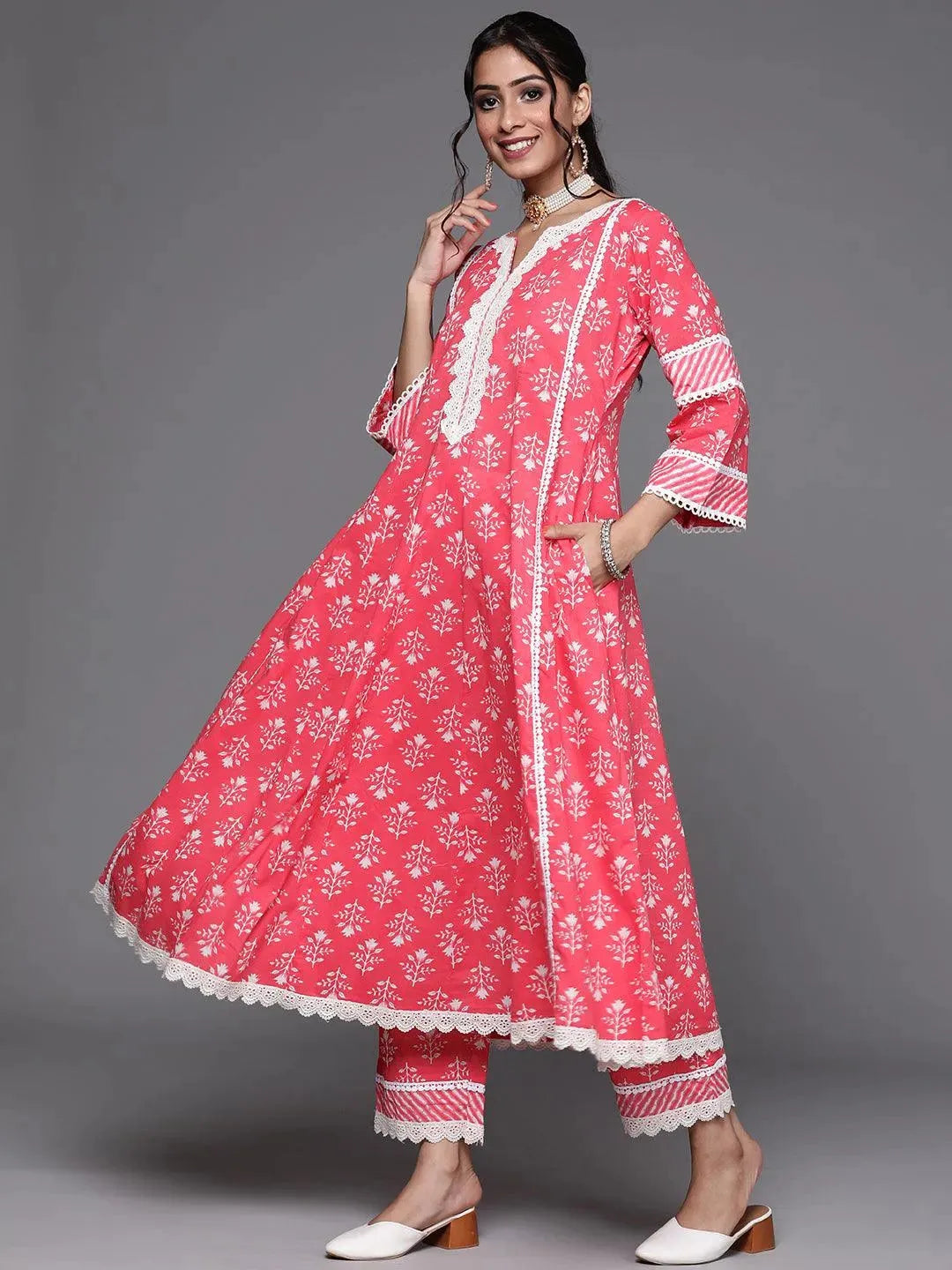 Pink Printed Cotton A-Line Suit Set - Libas