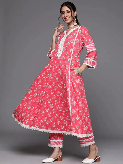 Pink Printed Cotton A-Line Suit Set - Libas