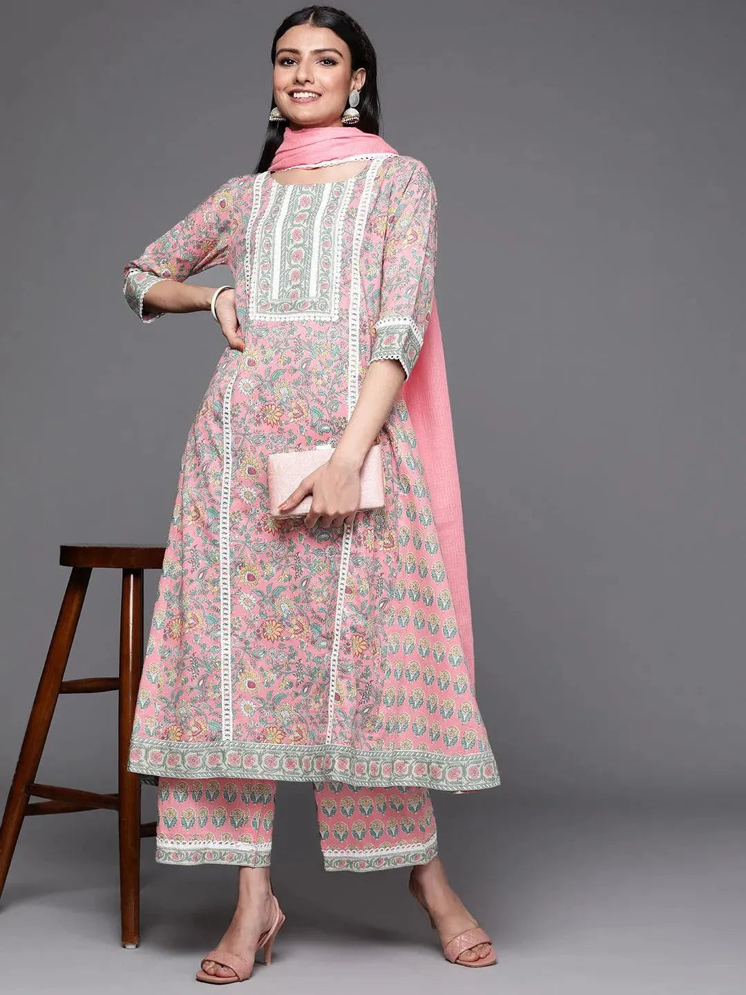 Pink Printed Cotton Suit Set - Libas