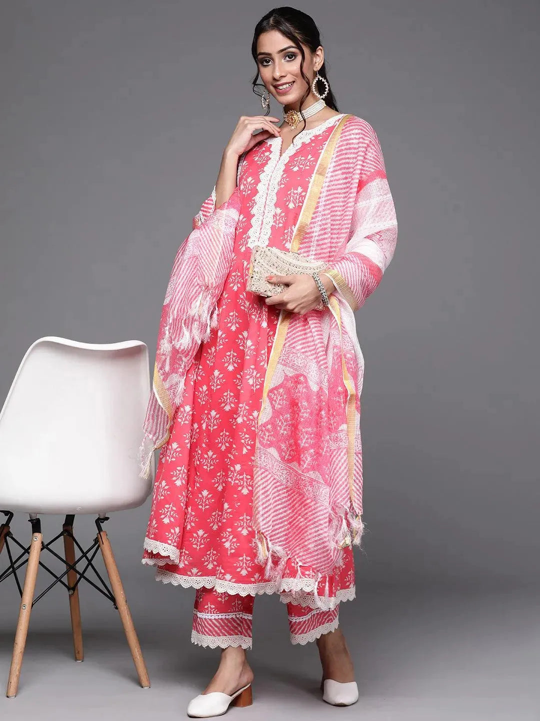 Pink Printed Cotton A-Line Suit Set - Libas