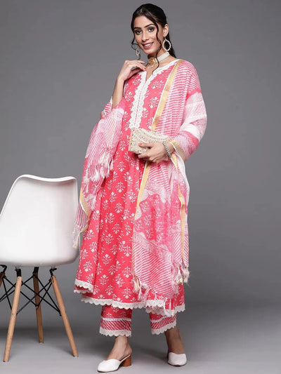 Pink Printed Cotton A-Line Suit Set - Libas