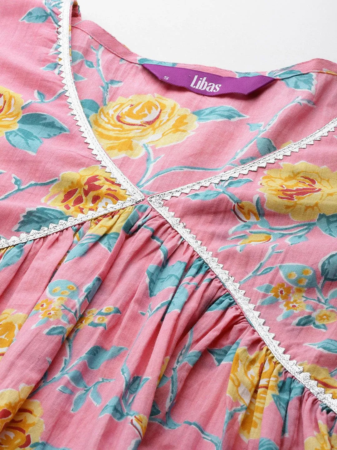 Pink Printed Cotton A-Line Kurta With Palazzos & Dupatta - Libas 