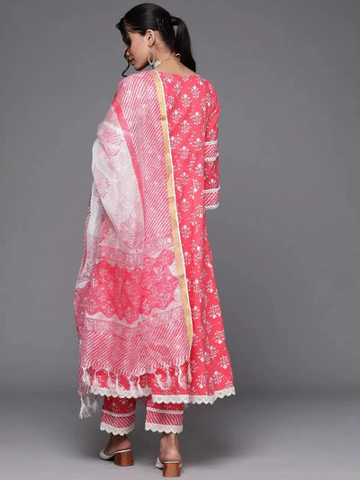 Pink Printed Cotton A-Line Suit Set - Libas