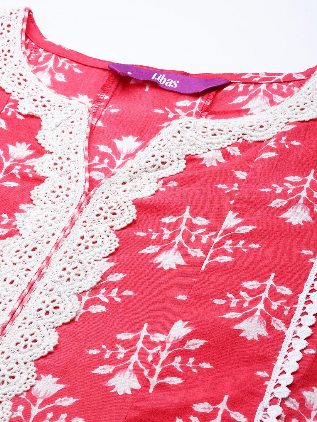 Pink Printed Cotton A-Line Kurta With Palazzos & Dupatta