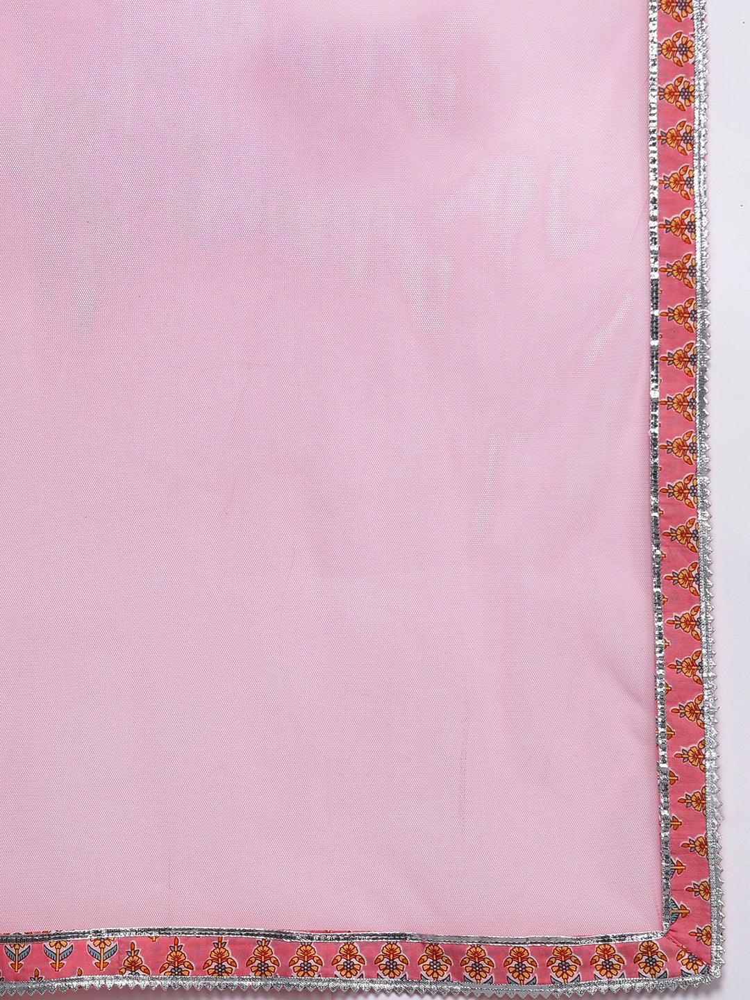 Pink Printed Cotton A-Line Kurta With Palazzos & Dupatta - Libas
