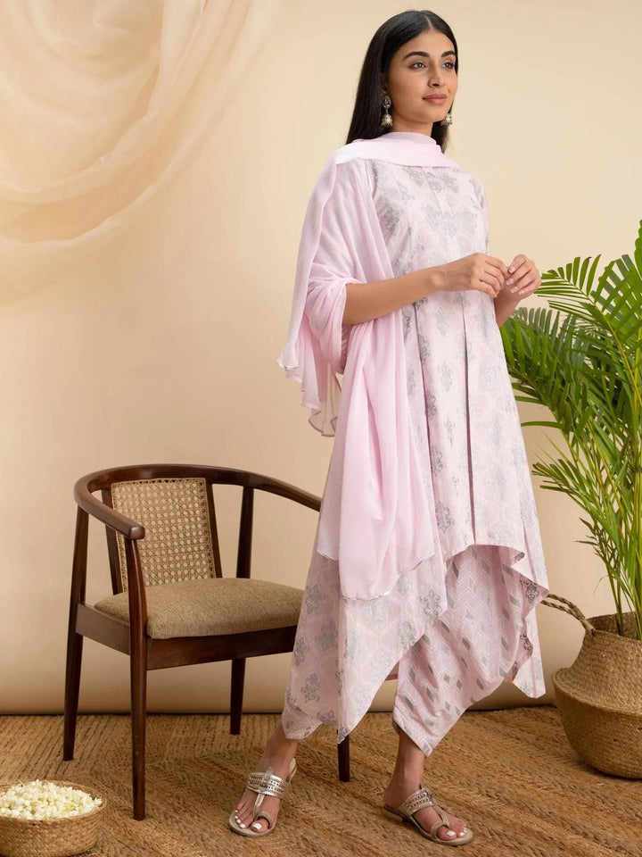 Pink Printed Cotton A-Line Suit Set - Libas