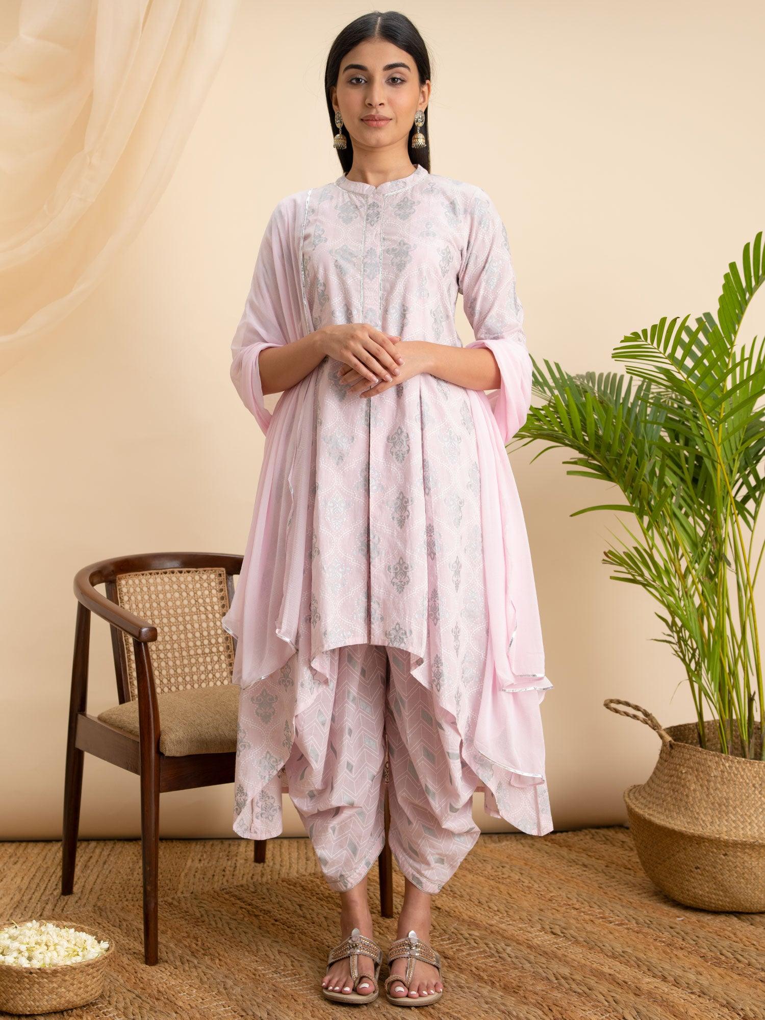 Pink Printed Cotton A-Line Kurta With Salwar & Dupatta