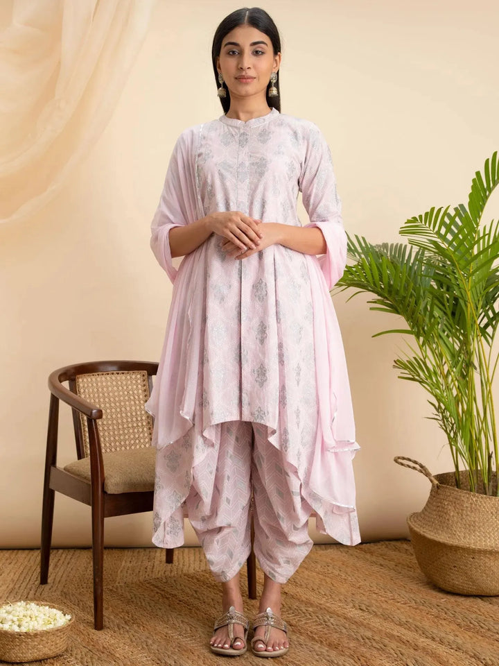 Pink Printed Cotton A-Line Suit Set - Libas