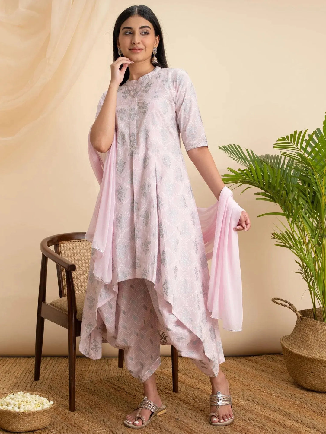 Pink Printed Cotton A-Line Suit Set - Libas