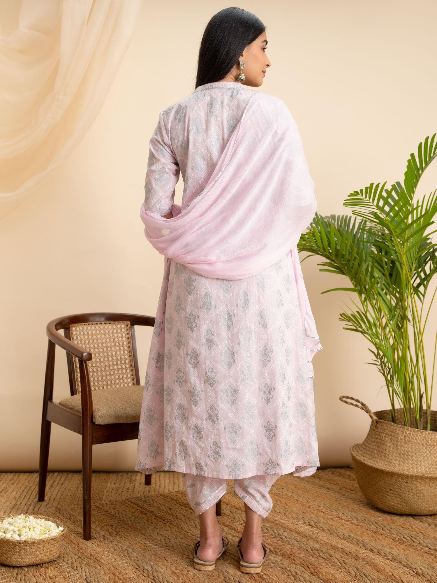 Pink Printed Cotton A-Line Kurta With Salwar & Dupatta