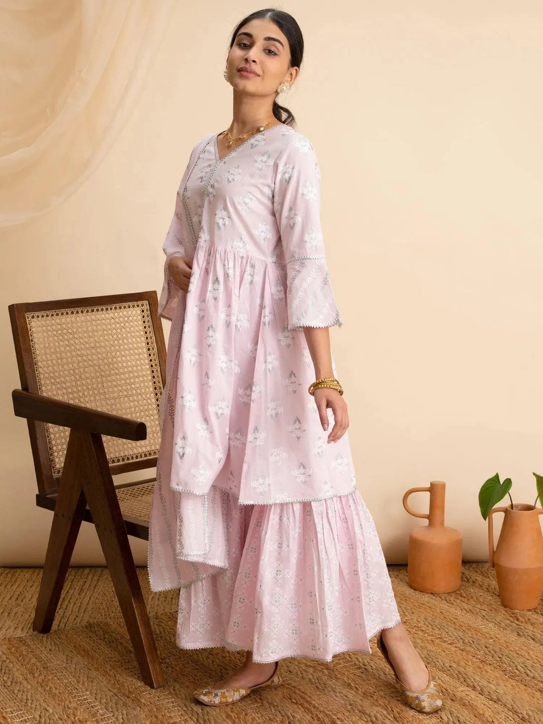 Pink Printed Cotton A-Line Suit Set - Libas