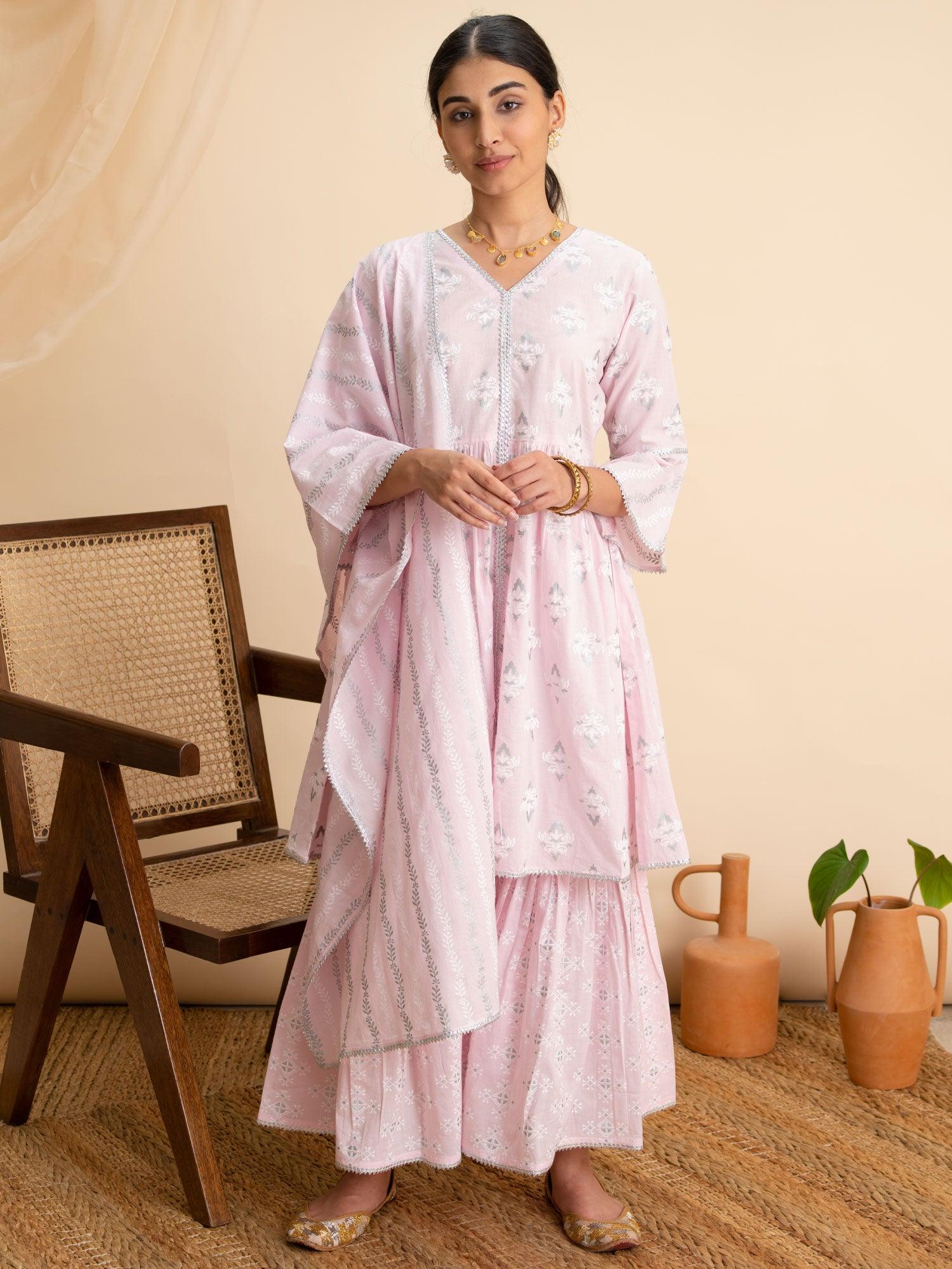 Pink Printed Cotton A-Line Kurta With Sharara & Dupatta