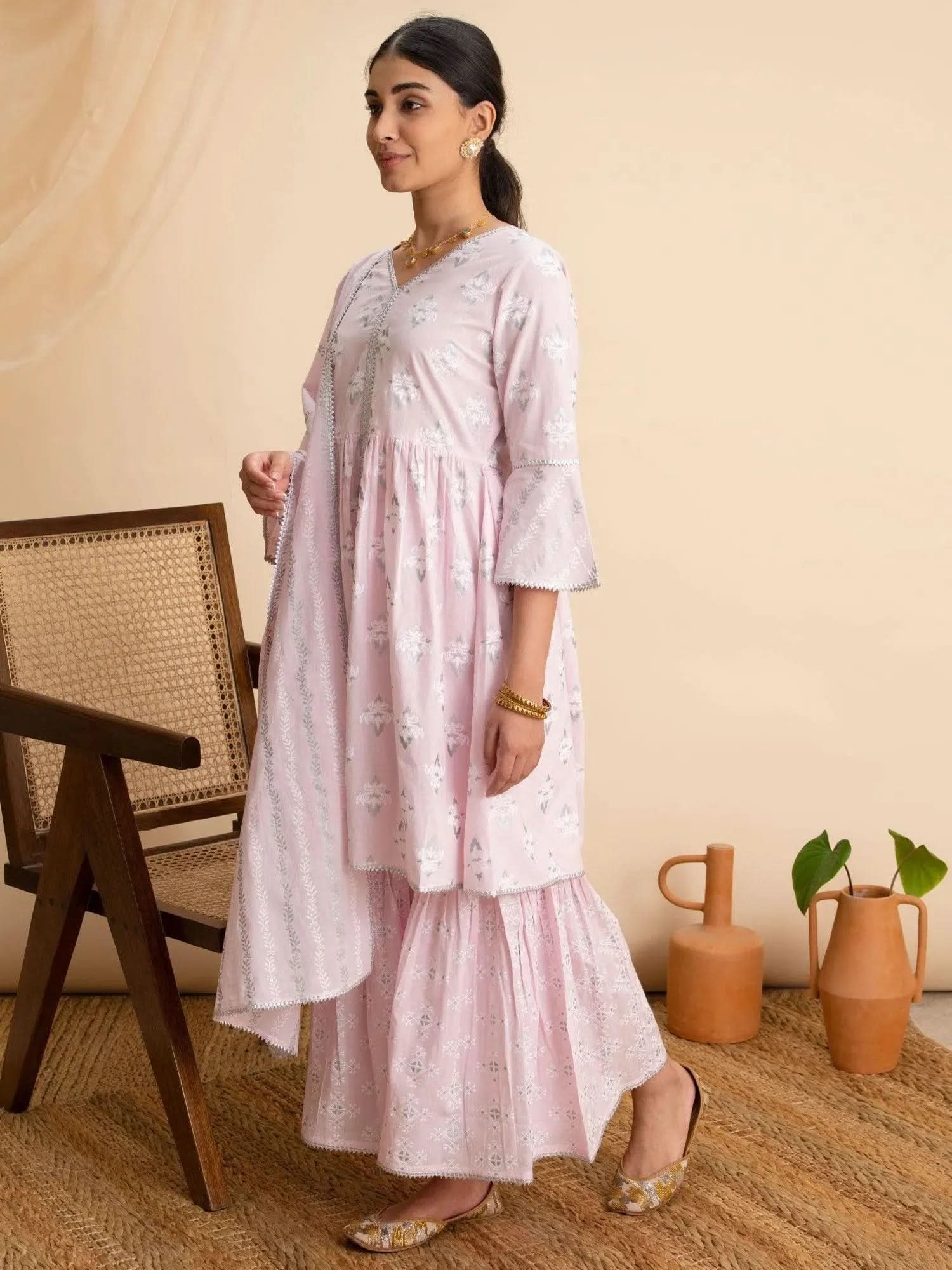 

Buy Pink Cotton Printed A-line Kurta With Cotton Sharara And Dupatta Online