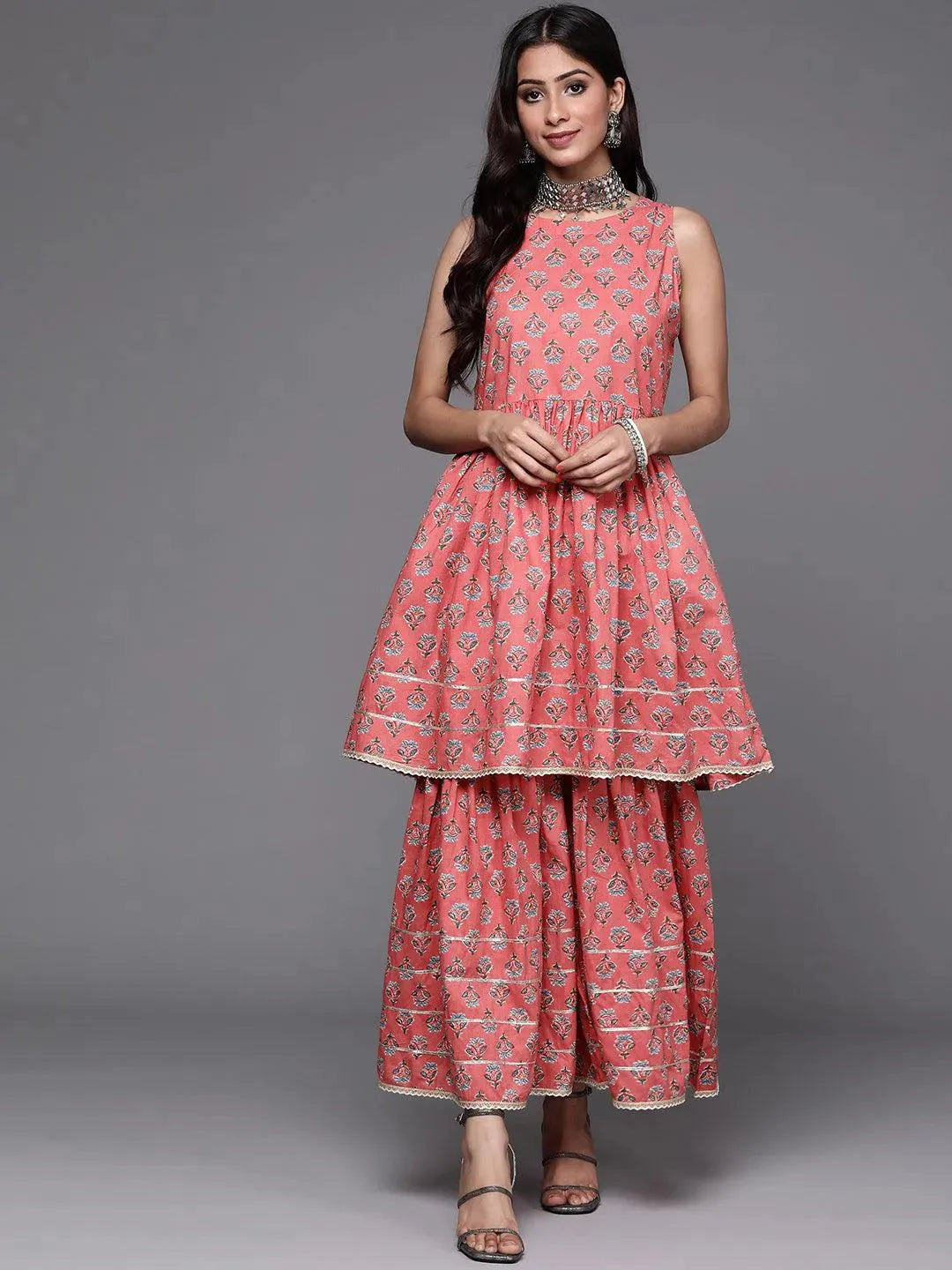 Pink Printed Cotton Kurta Set - Libas