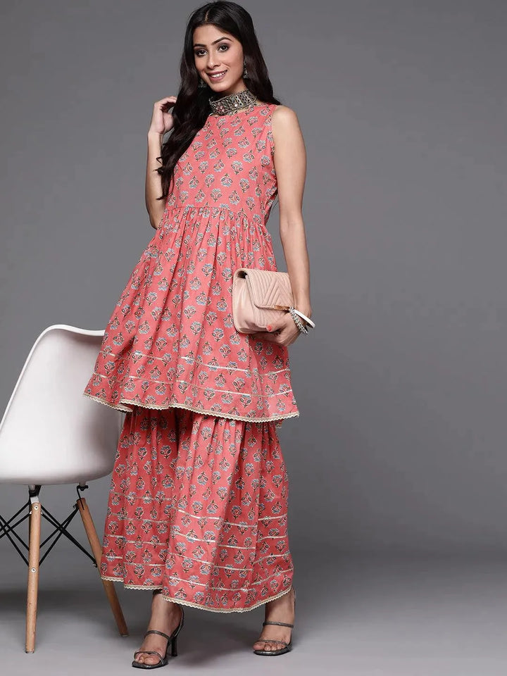 Pink Printed Cotton Kurta Set - Libas