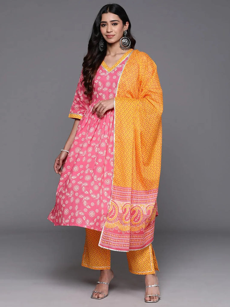 Libas Pink Printed Cotton A-Line Kurta With Trousers & Dupatta