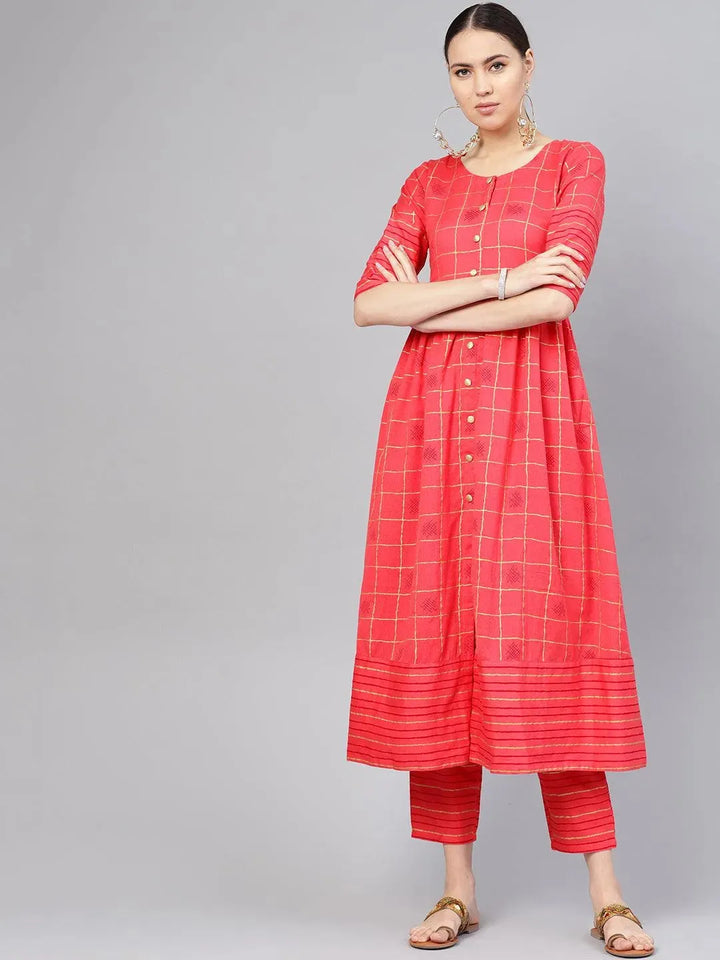 Pink Printed Checkered Kurta Set - Libas