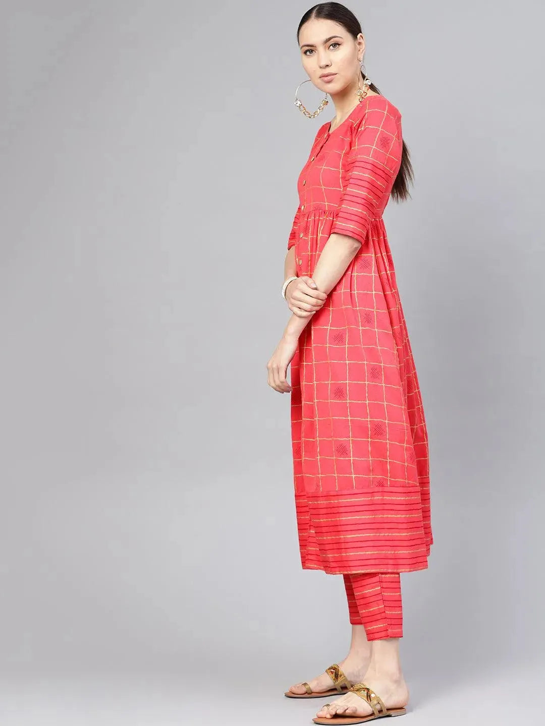 Pink Printed Checkered Kurta Set - Libas 