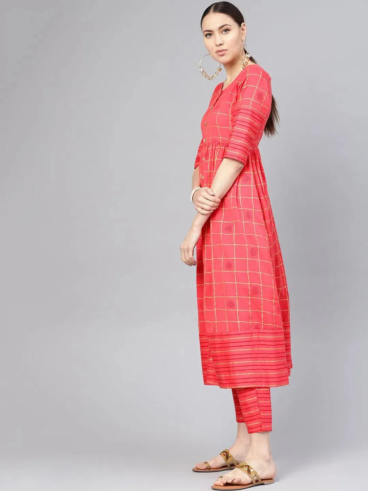 Pink Printed Checkered Kurta Set - Libas