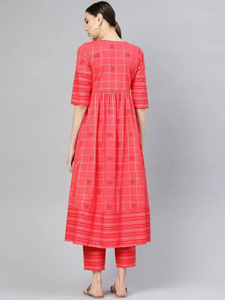 Pink Printed Checkered Kurta Set - Libas