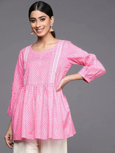 Pink Printed Cotton A-Line Kurti - Libas