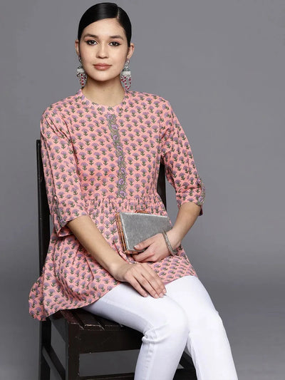 Pink Printed Cotton A-Line Kurti - Libas