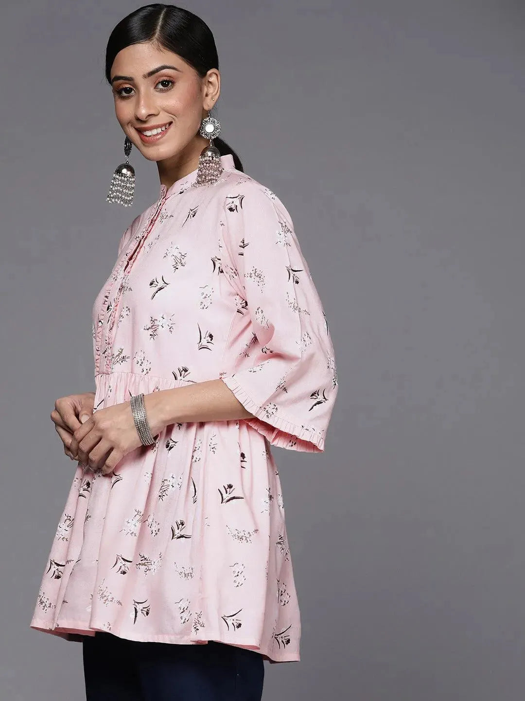 Pink Printed Cotton A-Line Kurti - Libas