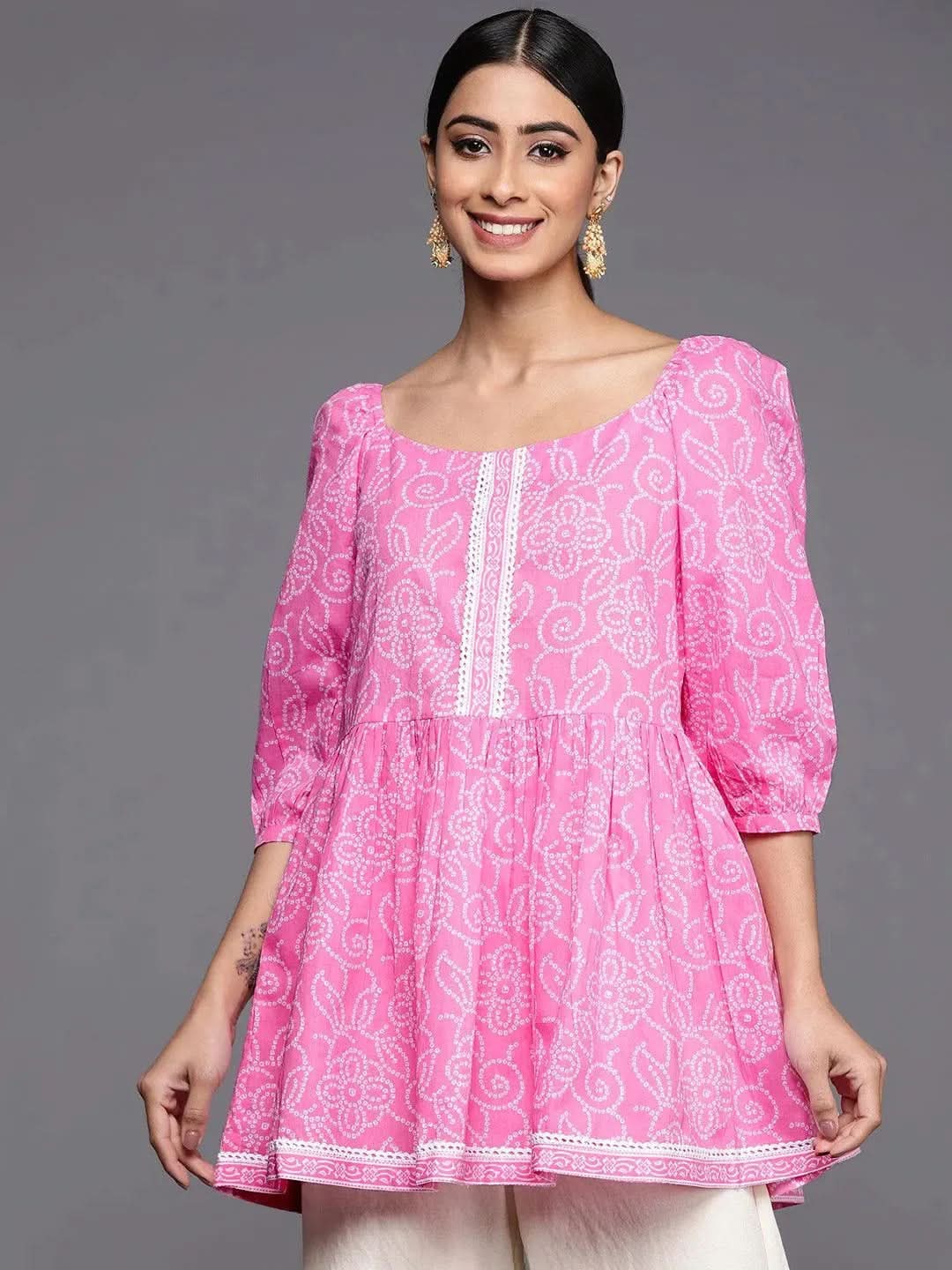 Beige Printed Silk Blend A-Line Kurti