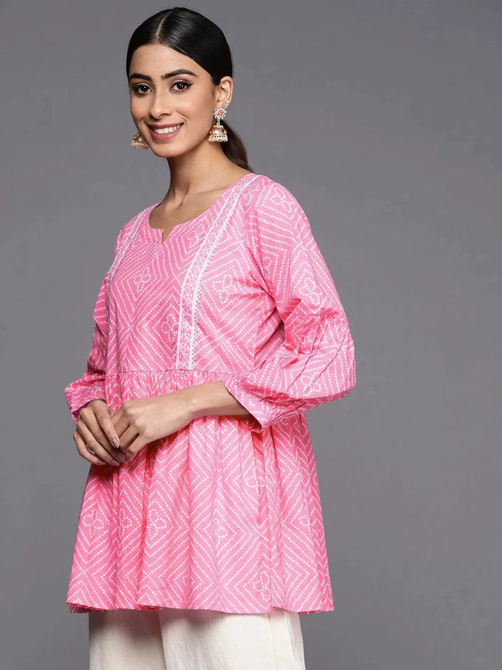 Pink Printed Cotton A-Line Kurti - Libas