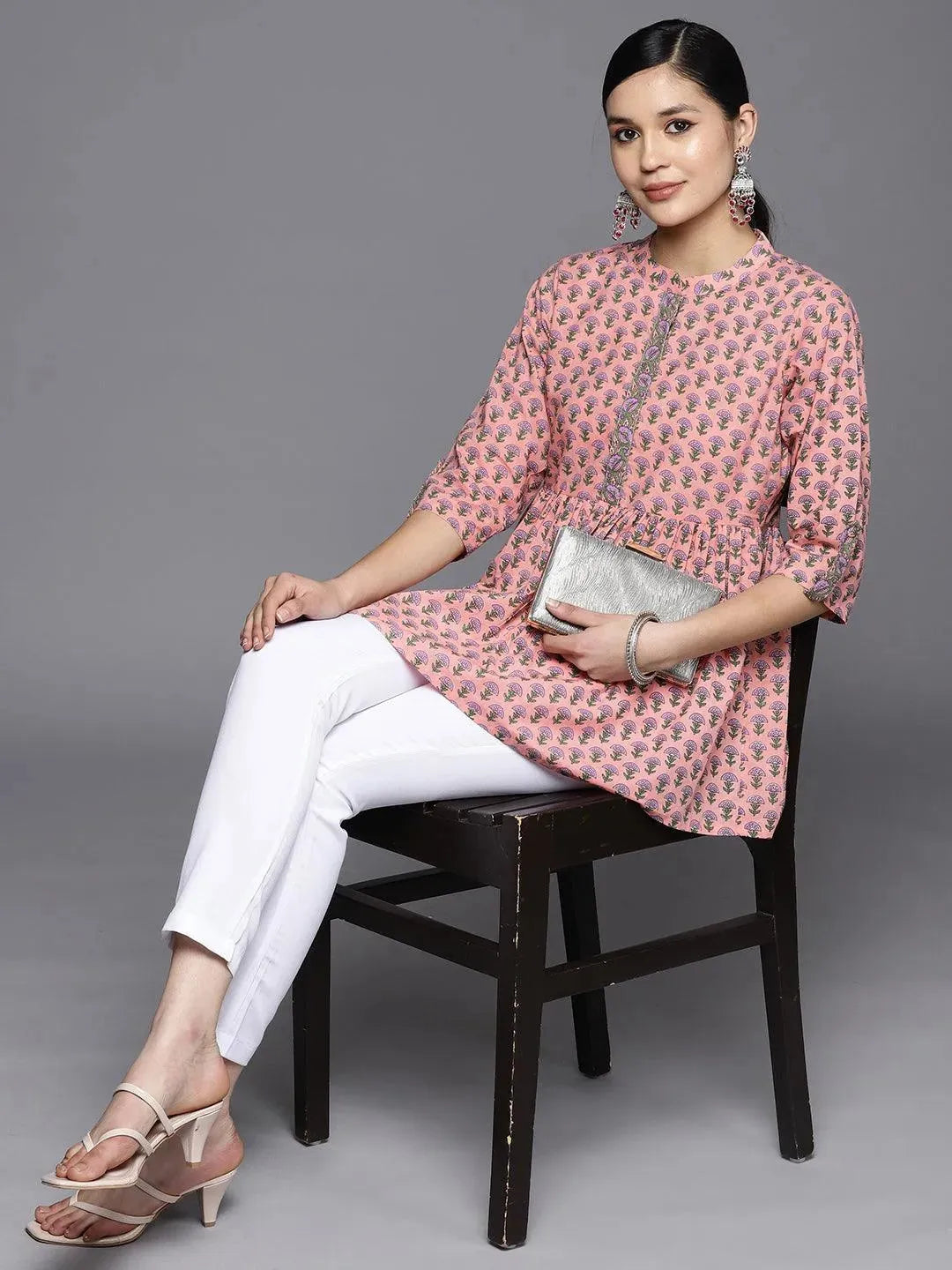 Pink Printed Cotton A-Line Kurti - Libas 