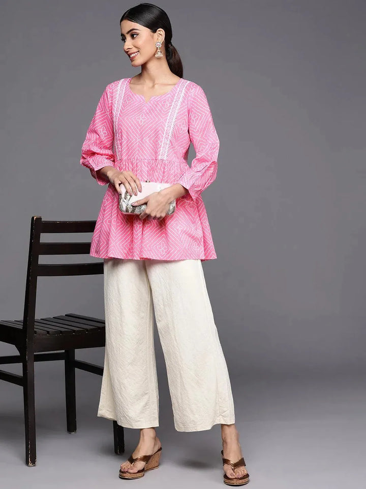 Pink Printed Cotton A-Line Kurti - Libas